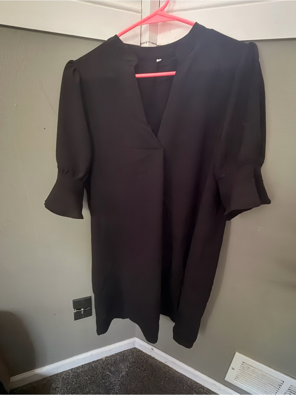 Amazon Black Mini Dress with V-Neck and Puff Sleeves